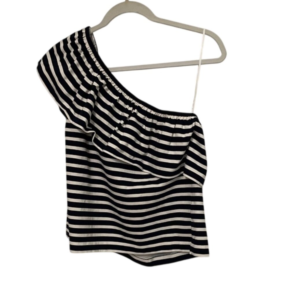 J. Crew One-Shoulder Ruffle Top in Stripe Blue White Cotton Poplin G7064 Medium